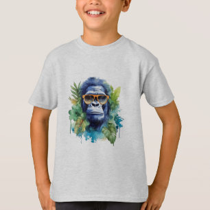 サングラス&リーフ付き水色ジャングルゴリラ Tシャツ
