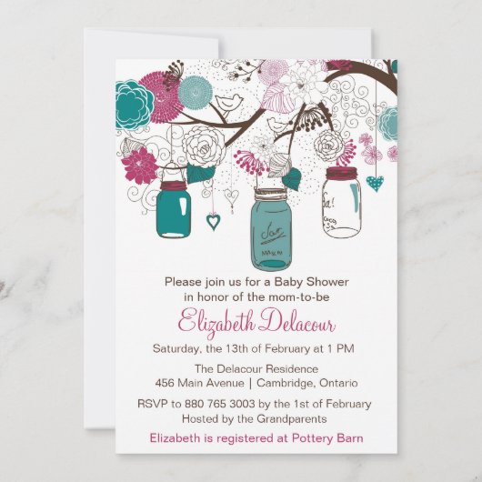 サングリアとティール(緑がかった色)メイスンジャースベイビーシャワー招待状 招待状 (裏面)