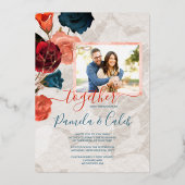 サングリアレッドティール（緑がかった色）バラ葉金ゴールドサマー結婚ズ 箔招待状 (正面)