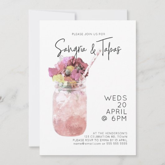 サングリア&タパスサマーカクテルパーティーブライトピンク 招待状 (正面)