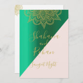サンゲインディアンスタイルグリーンピンク金ゴールドカラーモダン 招待状 (正面/裏面)