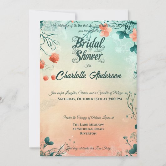 サンゴお洒落とティール（緑がかった色）フローラブライダルシャワー 招待状 (正面)