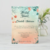 サンゴお洒落とティール（緑がかった色）フローラブライダルシャワー 招待状 (スタンド正面)