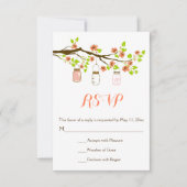サンゴさくらんぼの花とメイソンジャース結婚式RSVP 出欠カード (正面)