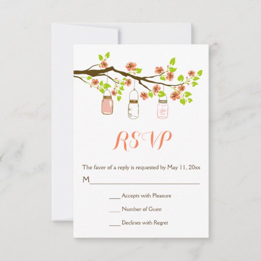 サンゴさくらんぼの花とメイソンジャース結婚式RSVP 出欠カード (正面)