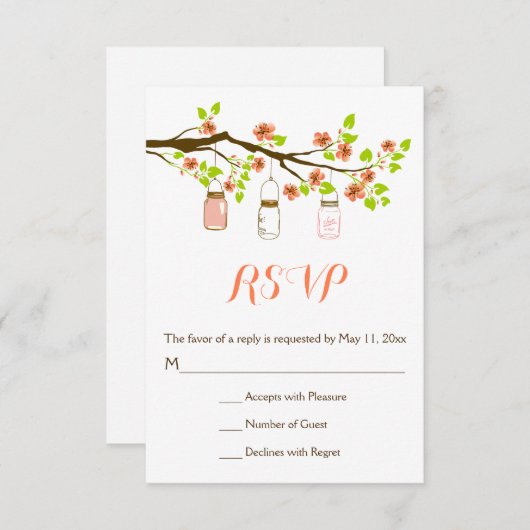 サンゴさくらんぼの花とメイソンジャース結婚式RSVP 出欠カード (正面/裏面)
