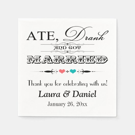 サンゴとアクアのハート、結婚スクロールのナプキン スタンダードカクテルナプキン (正面)