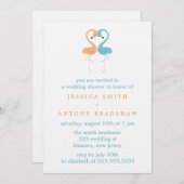 サンゴとアクア フラミンゴ カップル ウェディング シャワー 招待状 (正面/裏面)