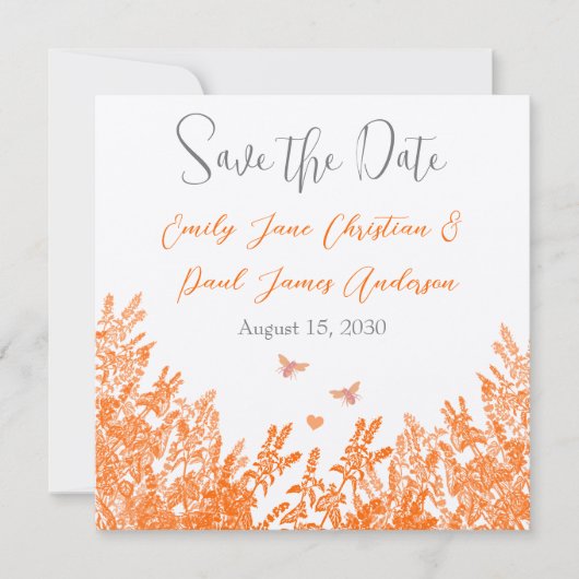 サンゴとグレーの野生のフラワービー結婚式の日付を保存 セーブザデート (正面)