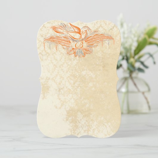 サンゴとグレーヴィンテージの繁栄の鳥の結婚式の招待 招待状 (スタンド正面)