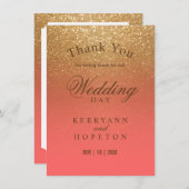 サンゴとゴールドのグリッター - ありがとう サンキューカード (正面/裏面)