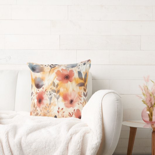 サンゴとスモークブルーモダンアートの花 クッション (ソファ)