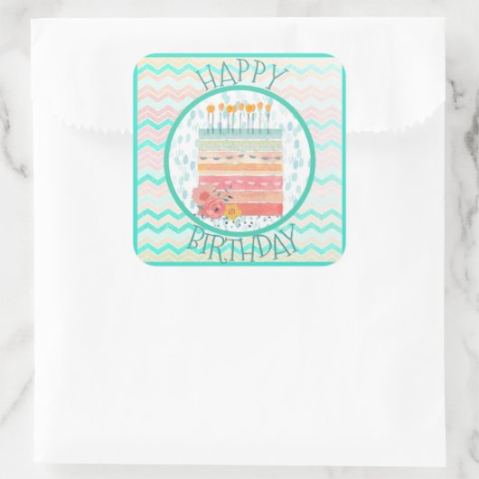 サンゴとティール（緑がかった色）ケーキハッピーバースデーパーティーシール スクエアシール (バッグ)
