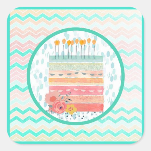 サンゴとティール（緑がかった色）ケーキ結婚式の引き出物パーティーシール スクエアシール (正面)