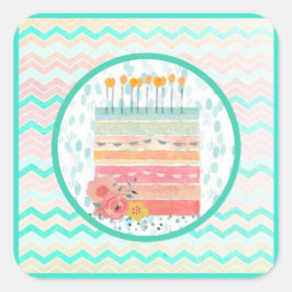 サンゴとティール（緑がかった色）ケーキ結婚式の引き出物パーティーシール スクエアシール