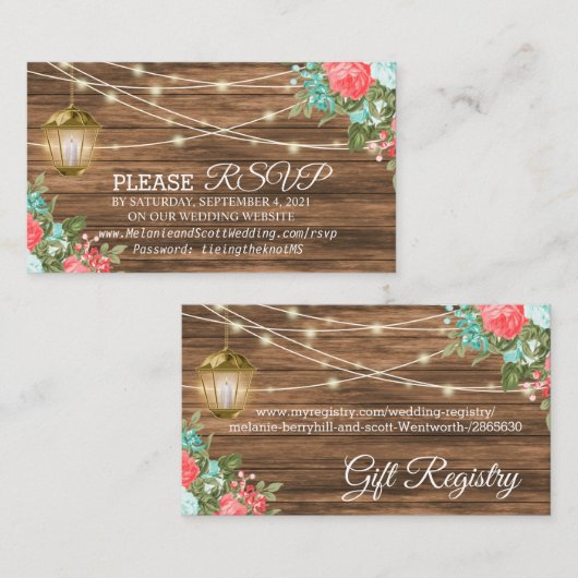 サンゴとティール(緑がかった色) – 出欠と登録 – の結婚ウェブサイト エンクロージャーカード (正面/裏面)