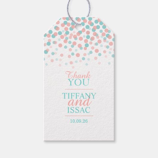 サンゴとティール（緑がかった色）感謝していあなたカスタム結婚式の贈り物ラベル ギフトタグ (正面)