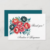 サンゴとティール(緑がかった色)牡丹結婚金ゴールド サンキューカード (正面/裏面)