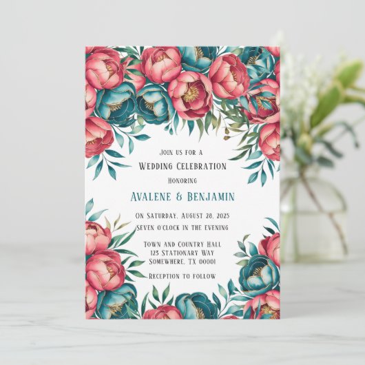 サンゴとティール(緑がかった色)牡丹結婚金ゴールド 招待状 (スタンド正面)