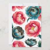 サンゴとティール(緑がかった色)牡丹結婚金ゴールド 招待状 (裏面)