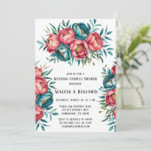 サンゴとティール(緑がかった色)牡丹金ゴールドの結婚カップルのシャワー 招待状 (スタンド正面)