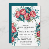 サンゴとティール(緑がかった色)牡丹金ゴールドの結婚カップルのシャワー 招待状 (正面/裏面)