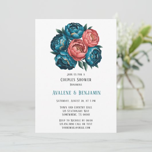 サンゴとティール(緑がかった色)牡丹金ゴールドカップルのシャワー 招待状 (スタンド正面)