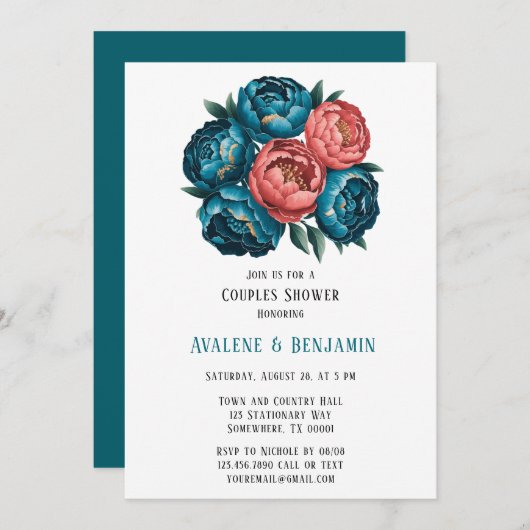 サンゴとティール(緑がかった色)牡丹金ゴールドカップルのシャワー 招待状 (正面/裏面)