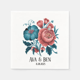 サンゴとティール（緑がかった色）牡丹金ゴールドブーケ結婚のリングや輪 スタンダードカクテルナプキン