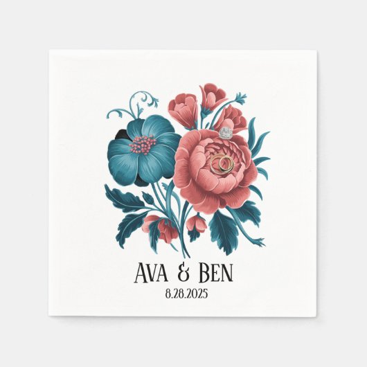 サンゴとティール(緑がかった色)牡丹金ゴールドブーケ結婚のリングや輪 スタンダードカクテルナプキン (正面)