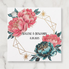 サンゴとティール（緑がかった色）牡丹金ゴールドブーケ結婚のリングや輪 フェイバータグ