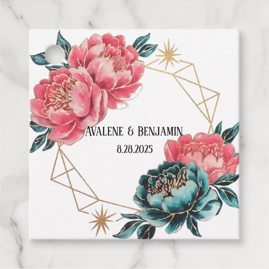 サンゴとティール（緑がかった色）牡丹金ゴールドブーケ結婚のリングや輪 フェイバータグ (正面)