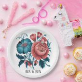 サンゴとティール（緑がかった色）牡丹金ゴールドブーケ結婚のリングや輪 ペーパープレート (パーティー)