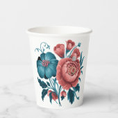 サンゴとティール(緑がかった色)牡丹金ゴールドブーケ結婚のリングや輪 紙コップ (裏面)