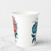 サンゴとティール(緑がかった色)牡丹金ゴールドブーケ結婚のリングや輪 紙コップ (左)