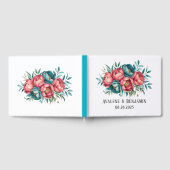 サンゴとティール（緑がかった色）牡丹金ゴールドブーケ結婚ス ゲストブック (全面)