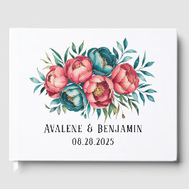 サンゴとティール（緑がかった色）牡丹金ゴールドブーケ結婚ス ゲストブック