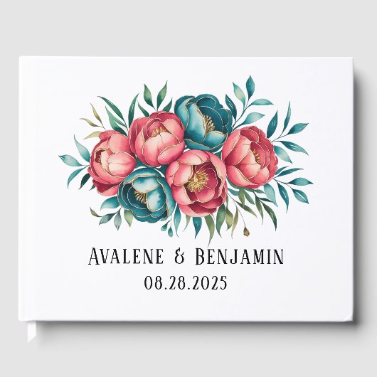 サンゴとティール（緑がかった色）牡丹金ゴールドブーケ結婚ス ゲストブック (正面)