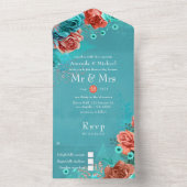 サンゴとティール（緑がかった色）結婚フローラ オールインワン招待状 (内側)