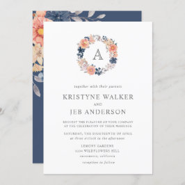 サンゴとネイビーの花 |モノグラム水結婚色 招待状