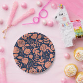 サンゴとネイビーブルーの花柄紙プレート ペーパープレート (パーティー)