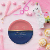 サンゴとネイビーブルー(金ゴールドハート) ペーパープレート (パーティー)