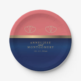 サンゴとネイビーブルー(金ゴールドハート) ペーパープレート