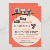 サンゴとピンクのナイトフクロウの誕生日パーティーへの招待 招待状 (正面/裏面)