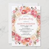 サンゴとピンクのフローラ水彩卒業パーティー 招待状 (正面)