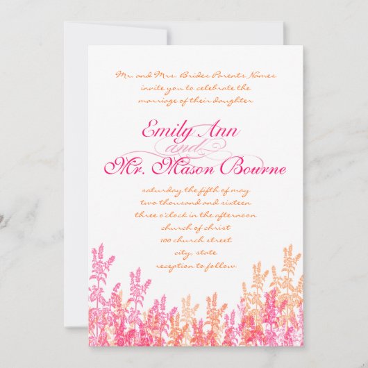 サンゴとピンクのワイルドフラワーの結婚式の招待 招待状 (正面)