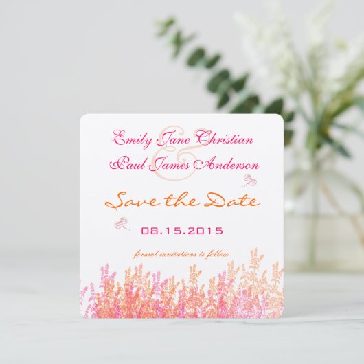 サンゴとピンクの野生の花蜂の結婚式の日付を保存 セーブザデート (スタンド正面)