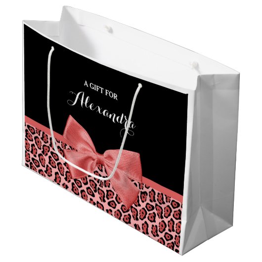 サンゴとブラックジャガーのプリント、名前の付いたかわいい弓 ラージペーパーバッグ (正面アングル)