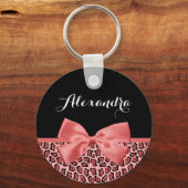 サンゴとブラックジャガープリントかわいい弓と名前 キーホルダー (正面)