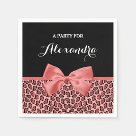 サンゴとブラックジャガープリントかわいい弓と名前 スタンダードカクテルナプキン